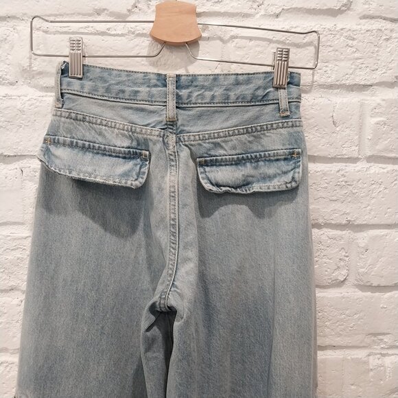 ZARA Jeans 00 Blue Faded Whiskers Wide Leg Tall High Waist 23 Cargo Teen - Picture 7 of 11